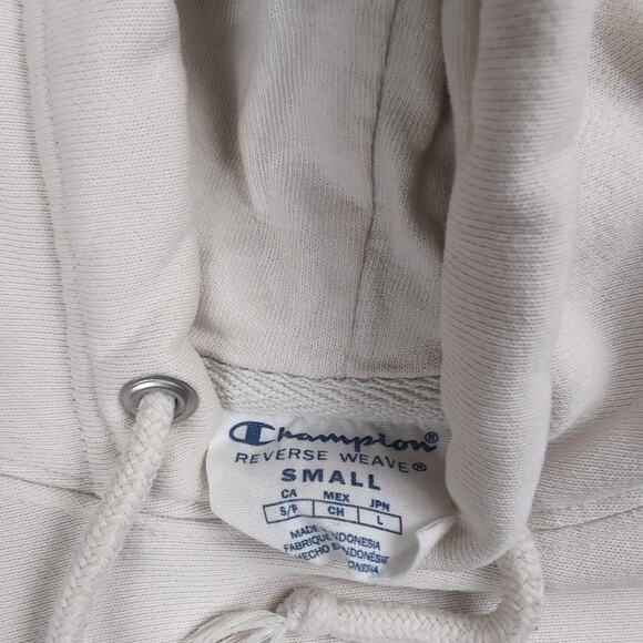 Champion Hoodie Men Small Beige Embroidered Reverse Weave Pullover Sweatshirt - Picture 2 of 7